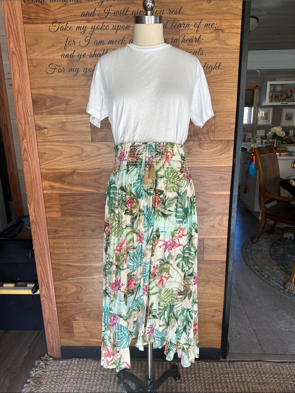 PILYQ Tropical Floral Maxi Skirt Tie Waist - Cream & Green XS/S